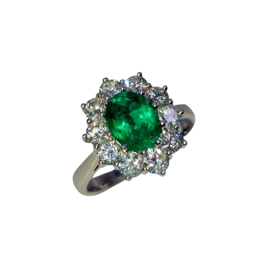18ct White Gold Emerald and Diamond Cluster Ring