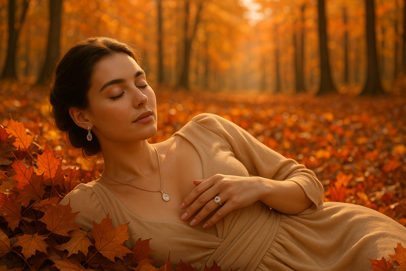 WOMAN LAYING IN AUTUM LEAVES LANDSCAPE IMAGE WEARING JEWELLERY