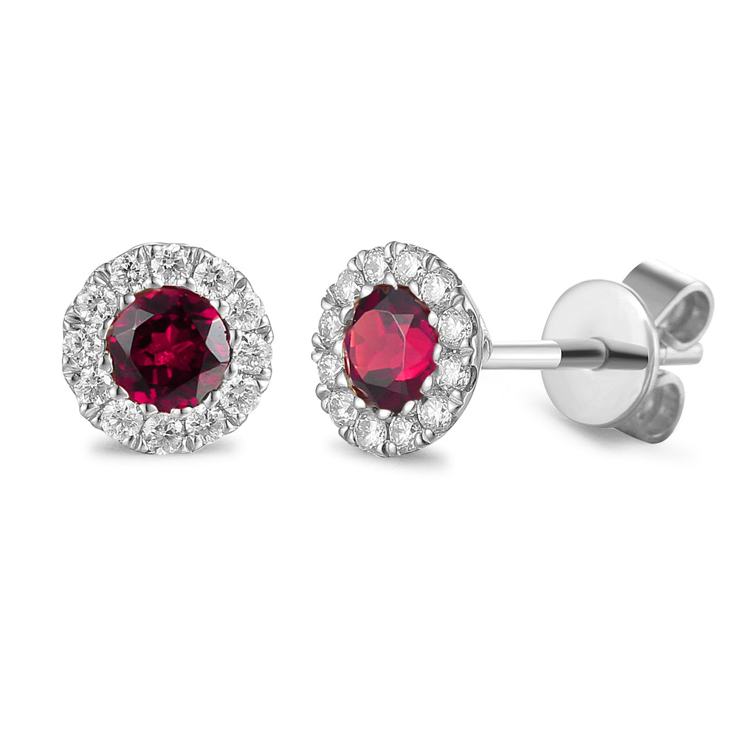 JULY - 9ct White Gold Ruby and Diamond Cluster Stud Earrings