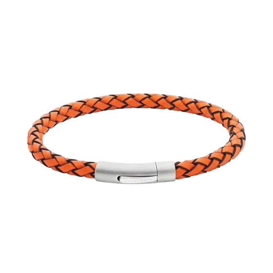 Unique & Co Stainless Steel Clasp Matte Orange Braided Leather Bracelet 19cm