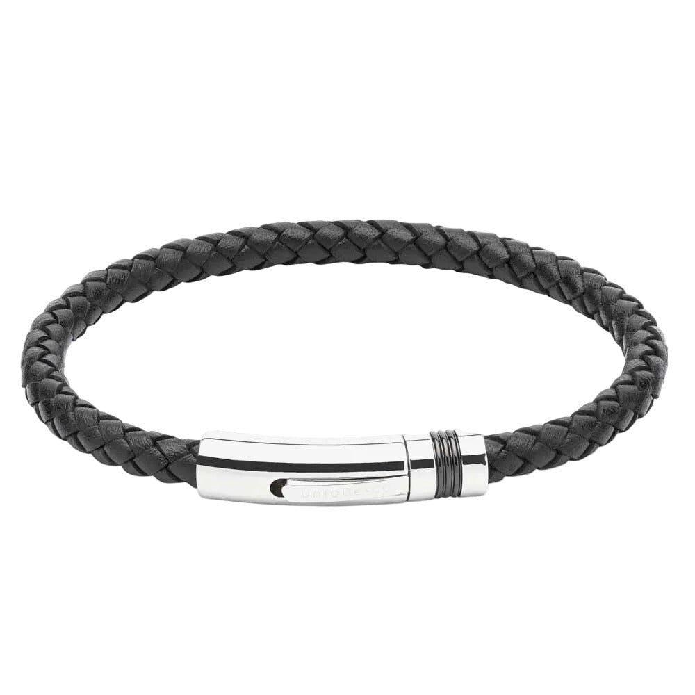Unique & Co Mens Black Leather and Stainless Steel Braided Bracelet 21cm