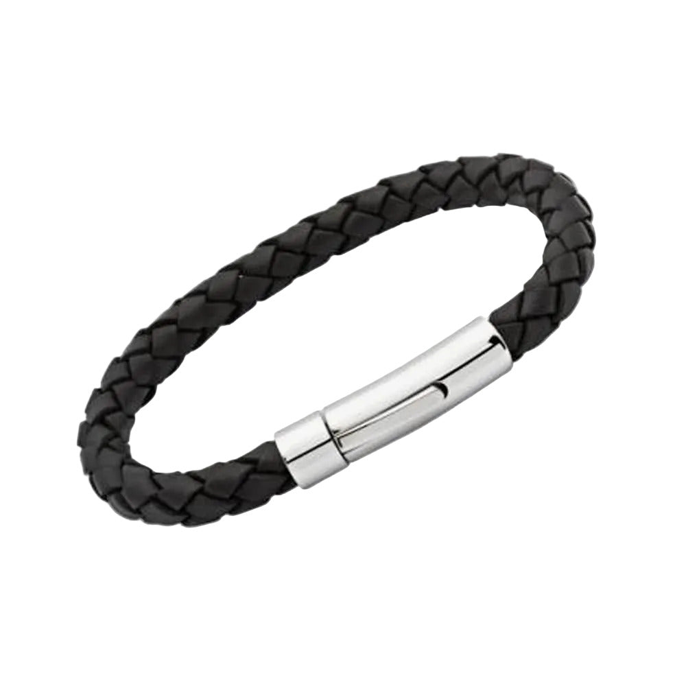 Unique & Co Stainless Steel Black Leather Bracelet 23cm