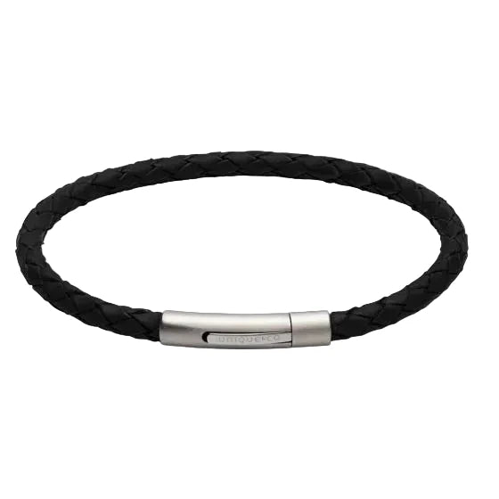 Unique & Co. Stainless Steel Matte Polished Black Leather Bracelet 19cm