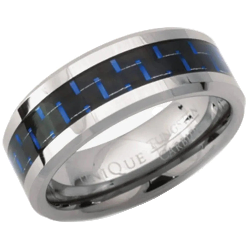 Unique & Co Tungsten Carbide 8mm Ring with Blue Carbon Fibre