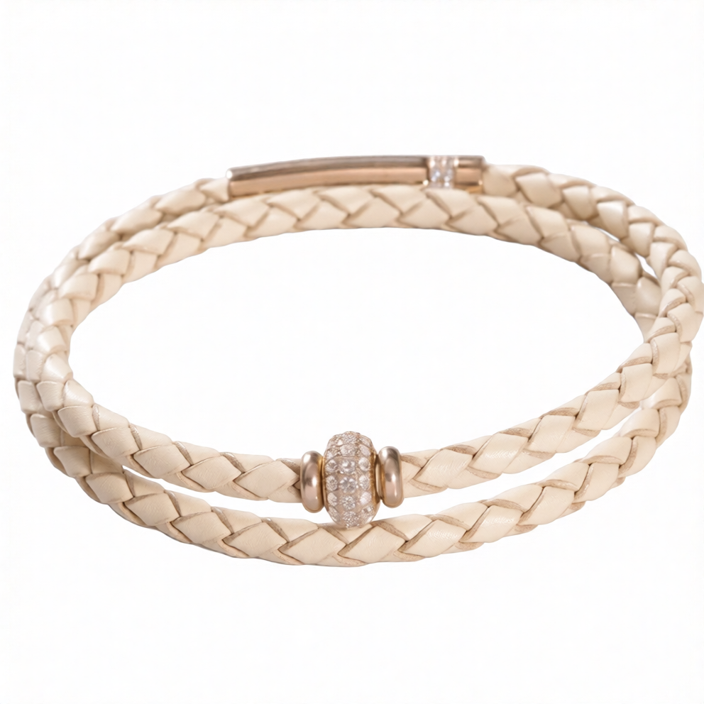 Unique & Co ladies braided Pearl leather and rose gold IP-plated steel bracelet 19cm