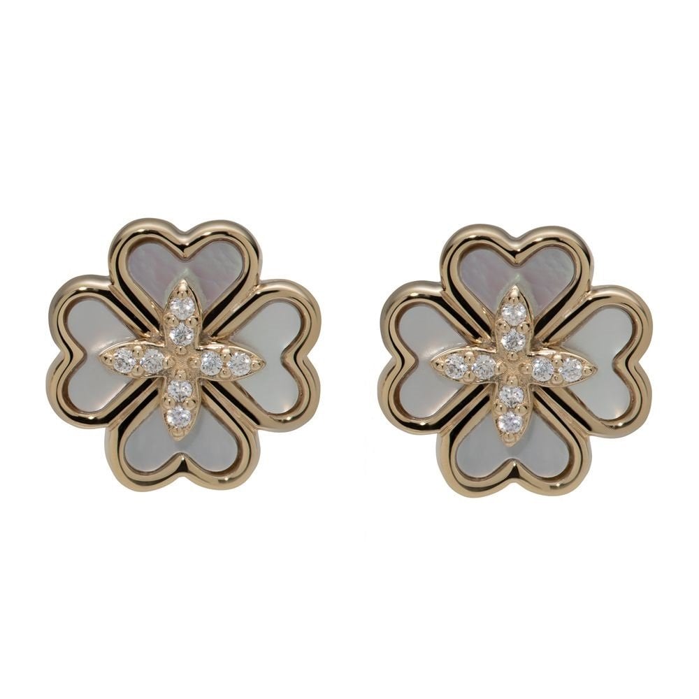 Unique & Co Gold Plated Sterling Silver 4 Leaf Clover Mother of Pearl Stud Earrings