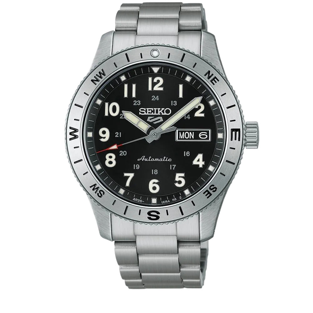 Seiko Mens 5 Sports Field Automatic Black Dial Stainless Steel Bracelet Watch HDB006K1