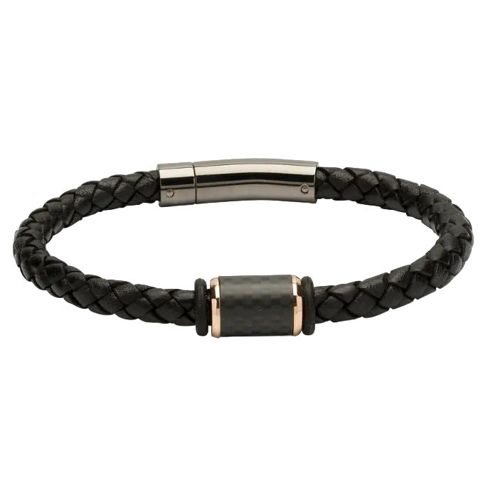 Unique & co Men’s Black Leather Bracelet with Rose Gold IP Plating & Brown Steel clasp 23cm