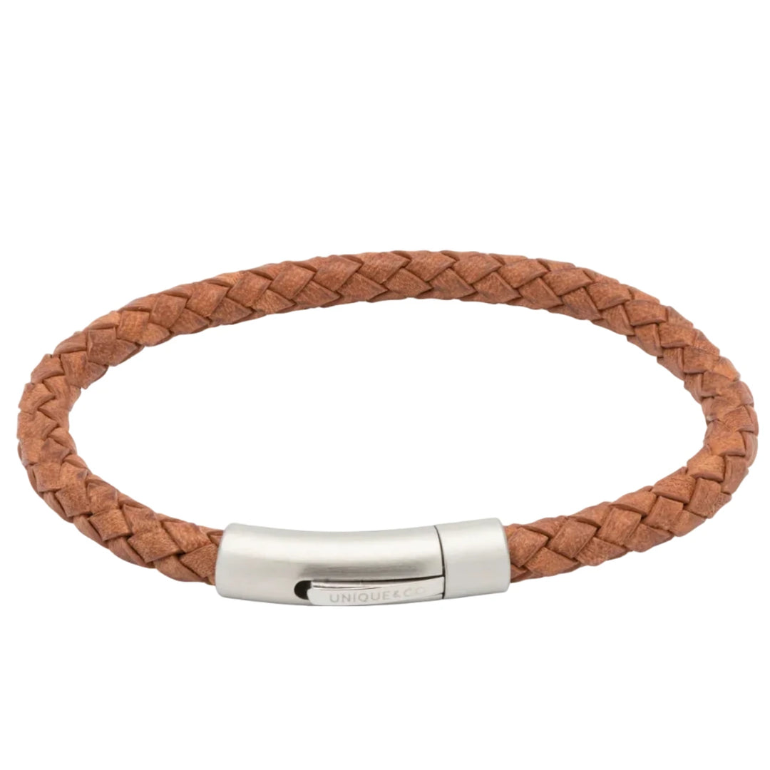 Unique & Co Tan Leather Steel Clasp Bracelet 19cm