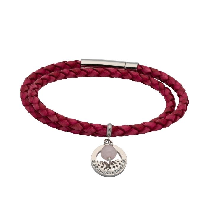 Unique & Co Women’s Hot Pink Leather Bracelet with crystal Fern Charm 19cm