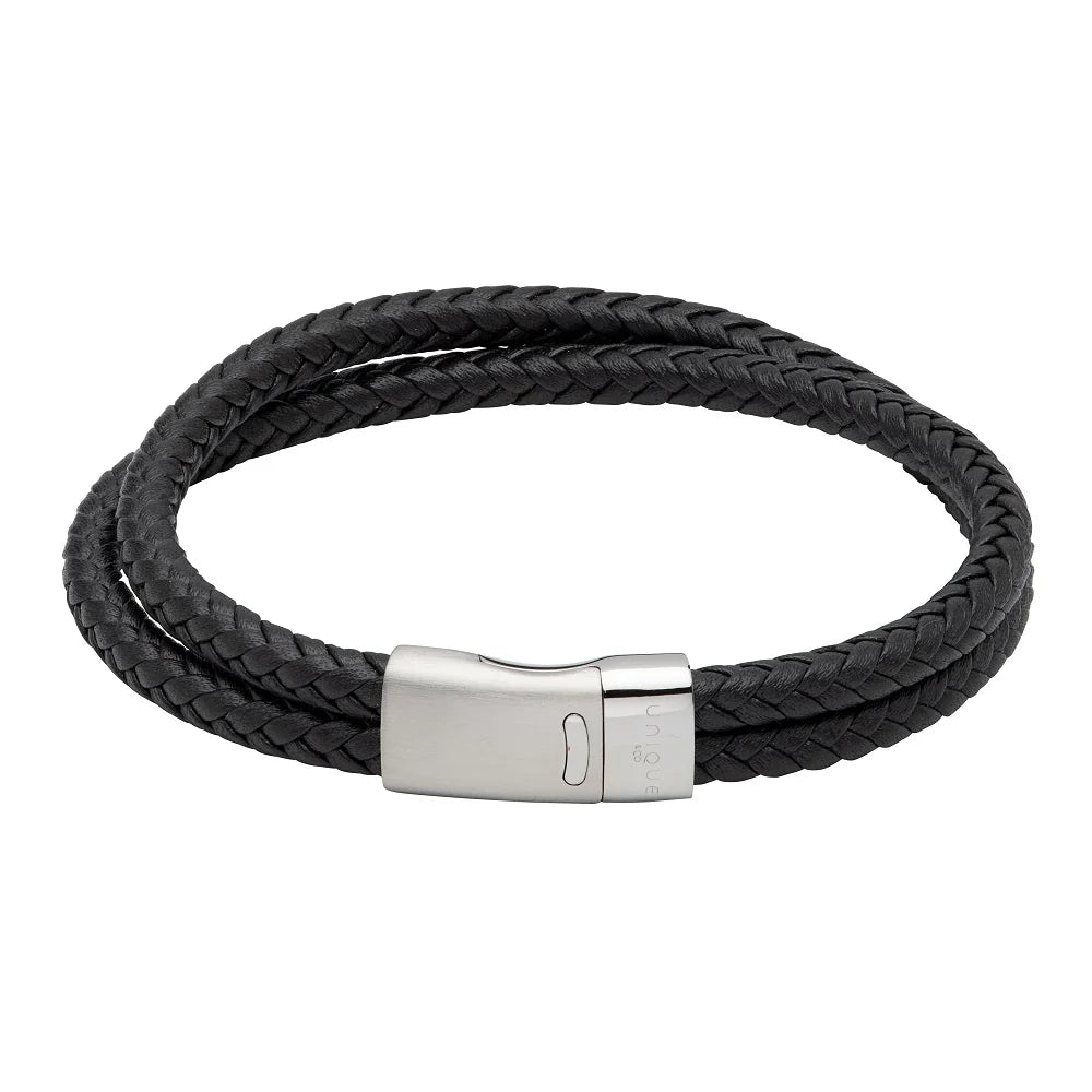 Double Black Leather Bracelet with Steel Magnetic Clasp 19cm