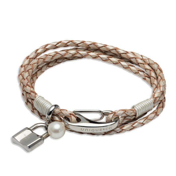 Unique & Co Women’s Leather Bracelet With Pearl & Padlock Charm Pearl 19cm