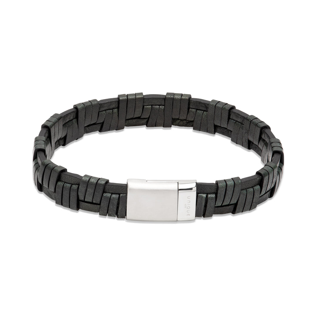 Unique & Co Dark Green Leather & Stainless Steel Bracelet 21cm