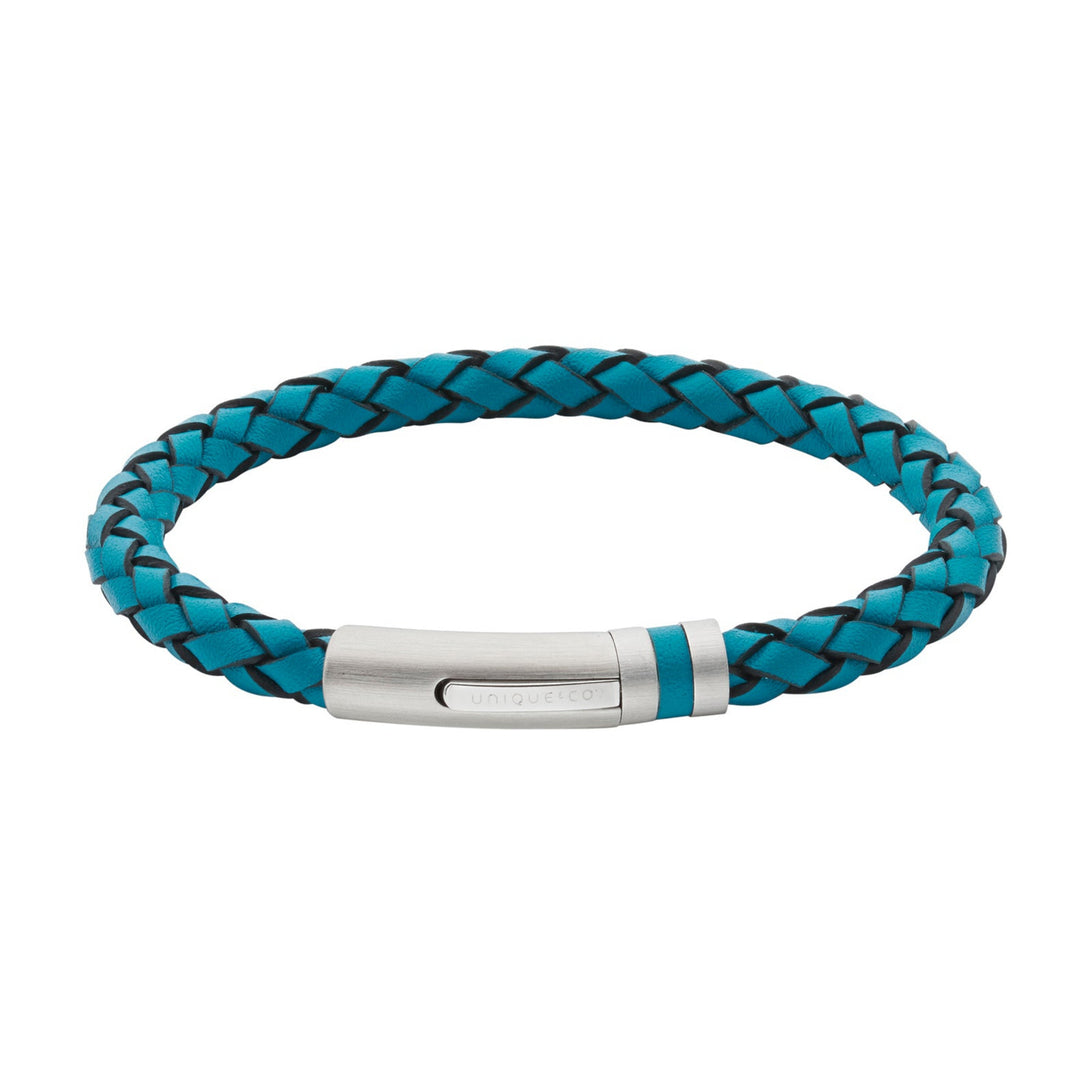 Matte Blue Braided Leather Bracelet with stainless steel clasp 21cm