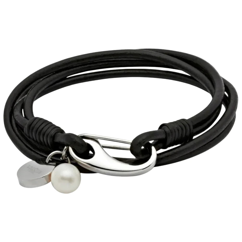 UNIQUE & CO BLACK LEATHER WRAP BRACELET WITH FRESH WATER PEARL CHARM 19cm