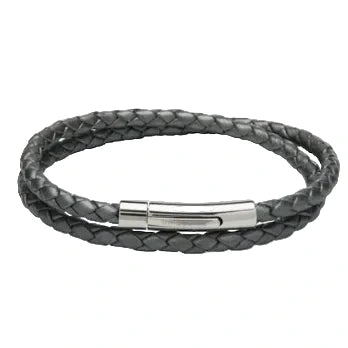 Unique & Co Silver Grey Leather Bracelet with Steel Clasp 19cm