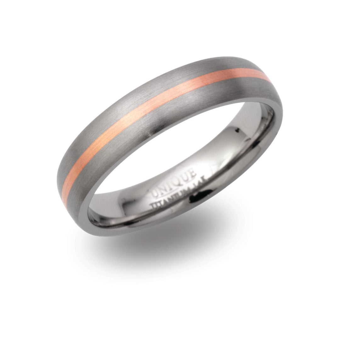 Unique & Co 5mm Matt titanium ring with 14ct rose gold inlay
