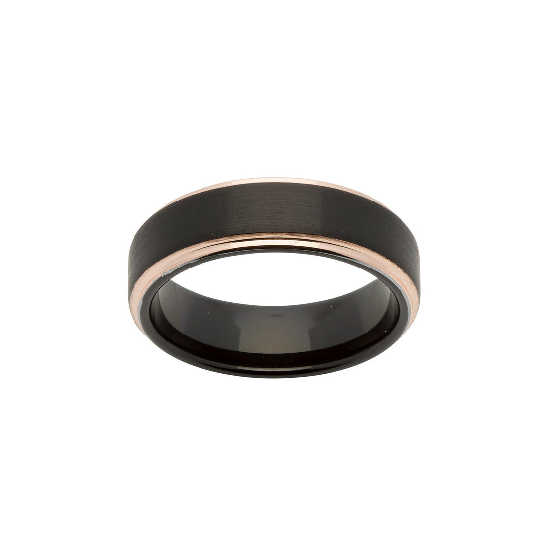 A black metal band ring with a polished rose gold inner rim, shown on a plain white background.