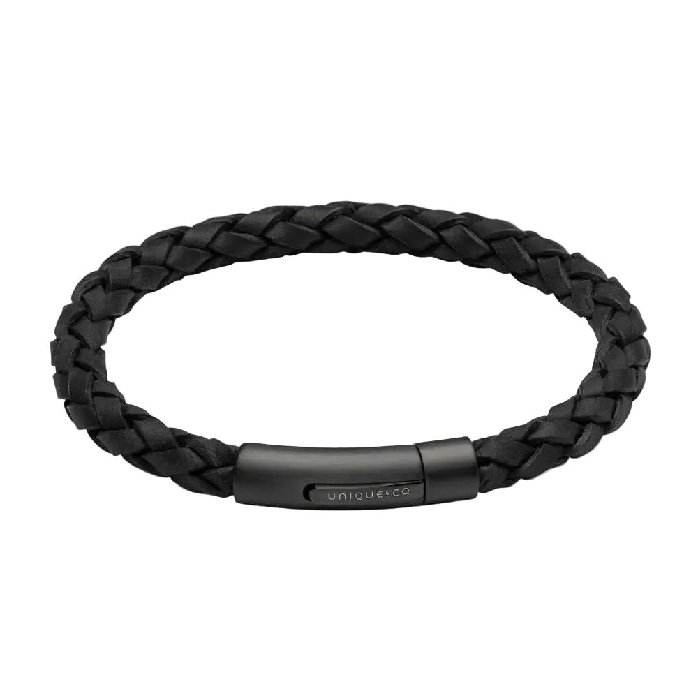Unique & Co Mens Black Braided Leather Bracelet 21cm