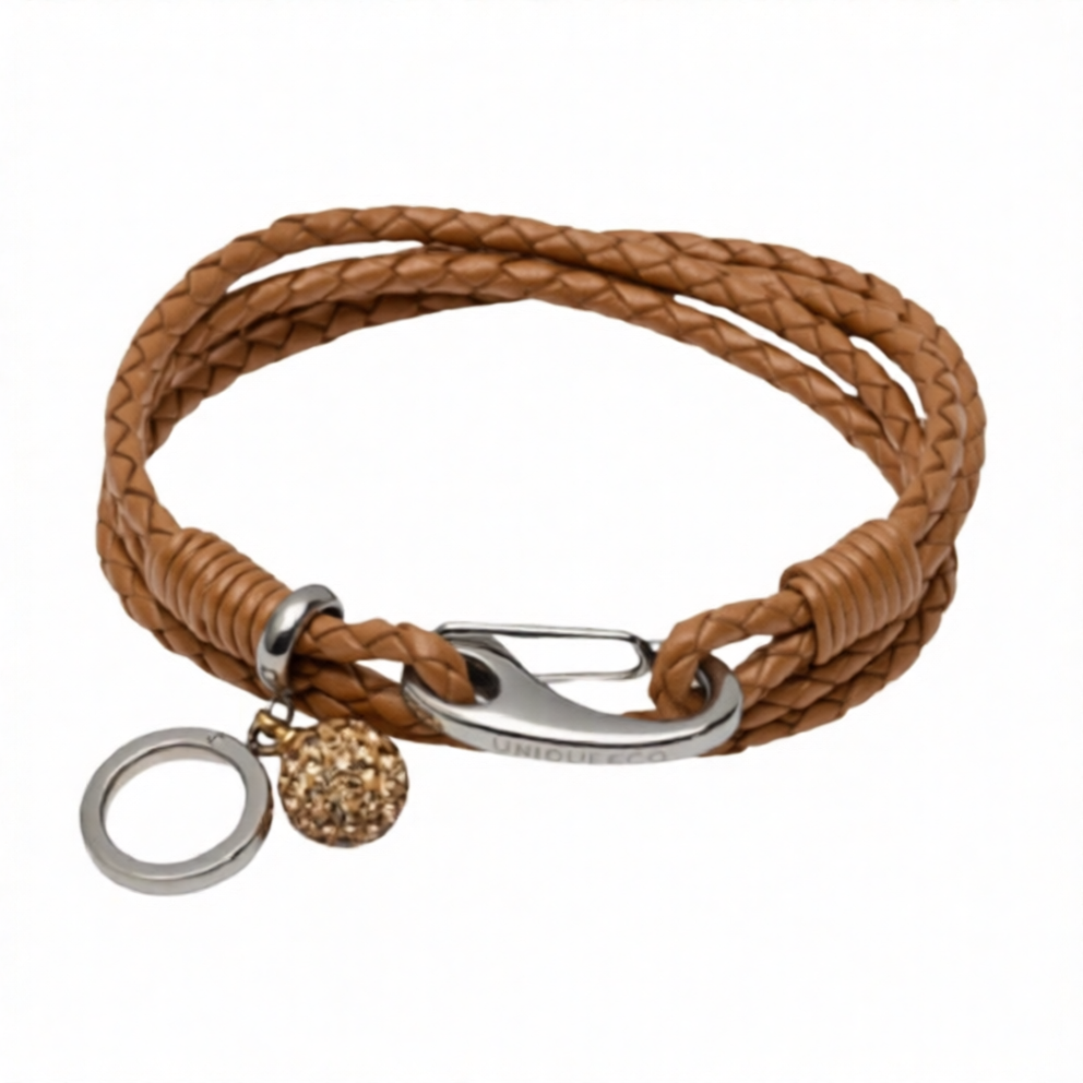 Unique & Co Women’s Antique Natural Leather Bracelet With Charm & Crystal Ball 19cm