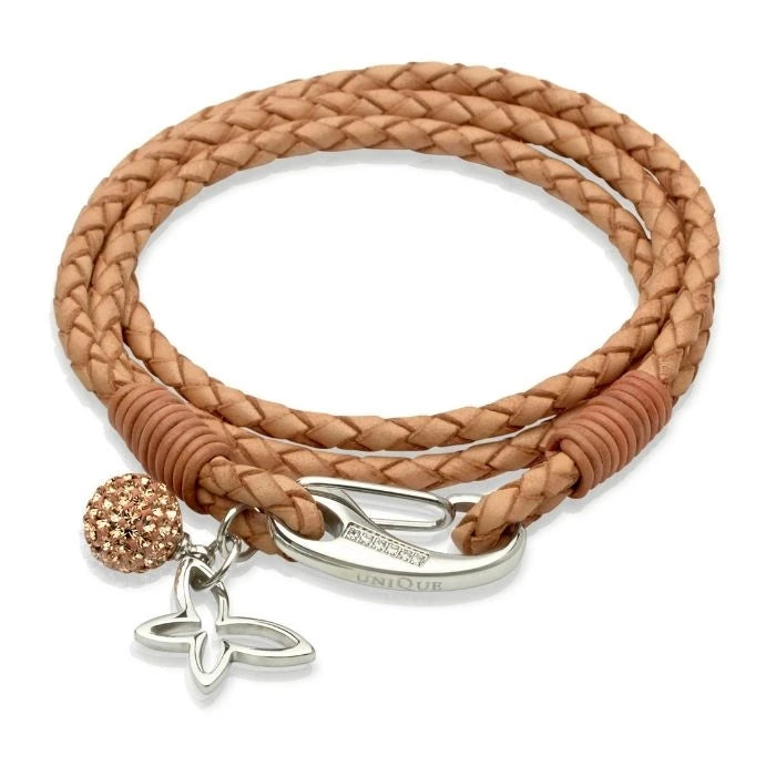 Unique & Co Women’s Plaited Natural Leather Bracelet With Charm & Crystal Ball 19cm
