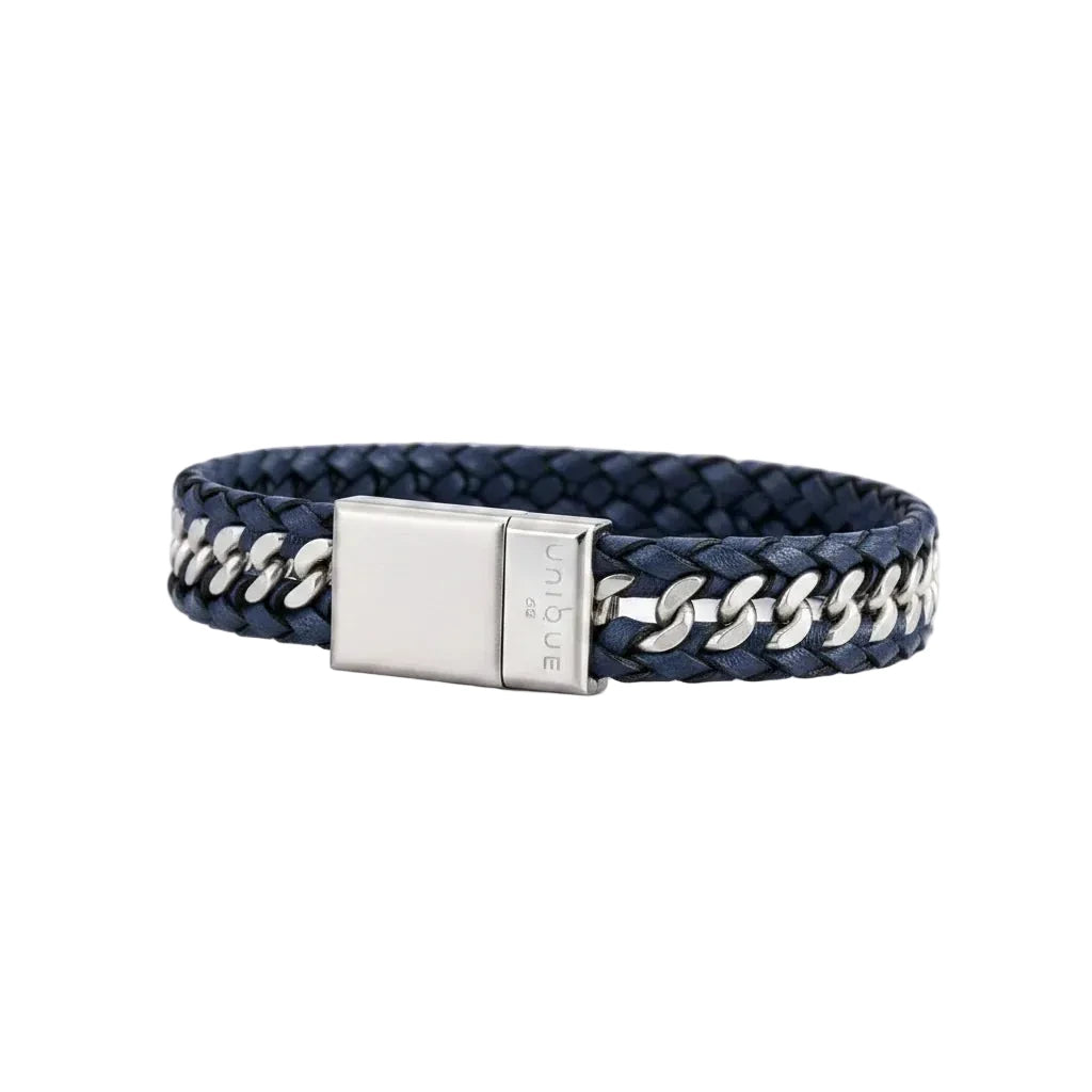 Unique & Co Navy Leather Steel Chain Bracelet 21cm