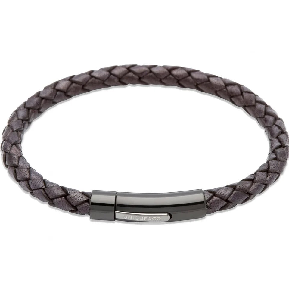 Unique & Co  Men's Antique Black Gunmetal Clasped Leather Bracelet 21cm