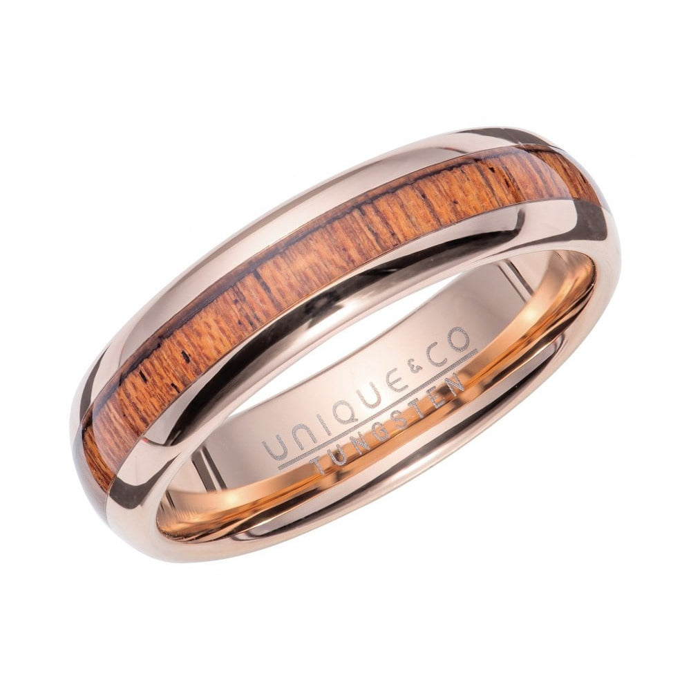 Unique & Co Tungsten 6mm Rose Gold &amp; Wood Inlay Ring