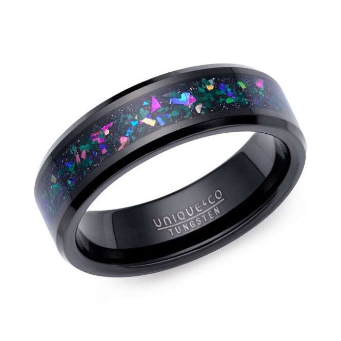 Unique & Co Tungsten 7mm Black Ring with Black, Green & Blue Stone Centre