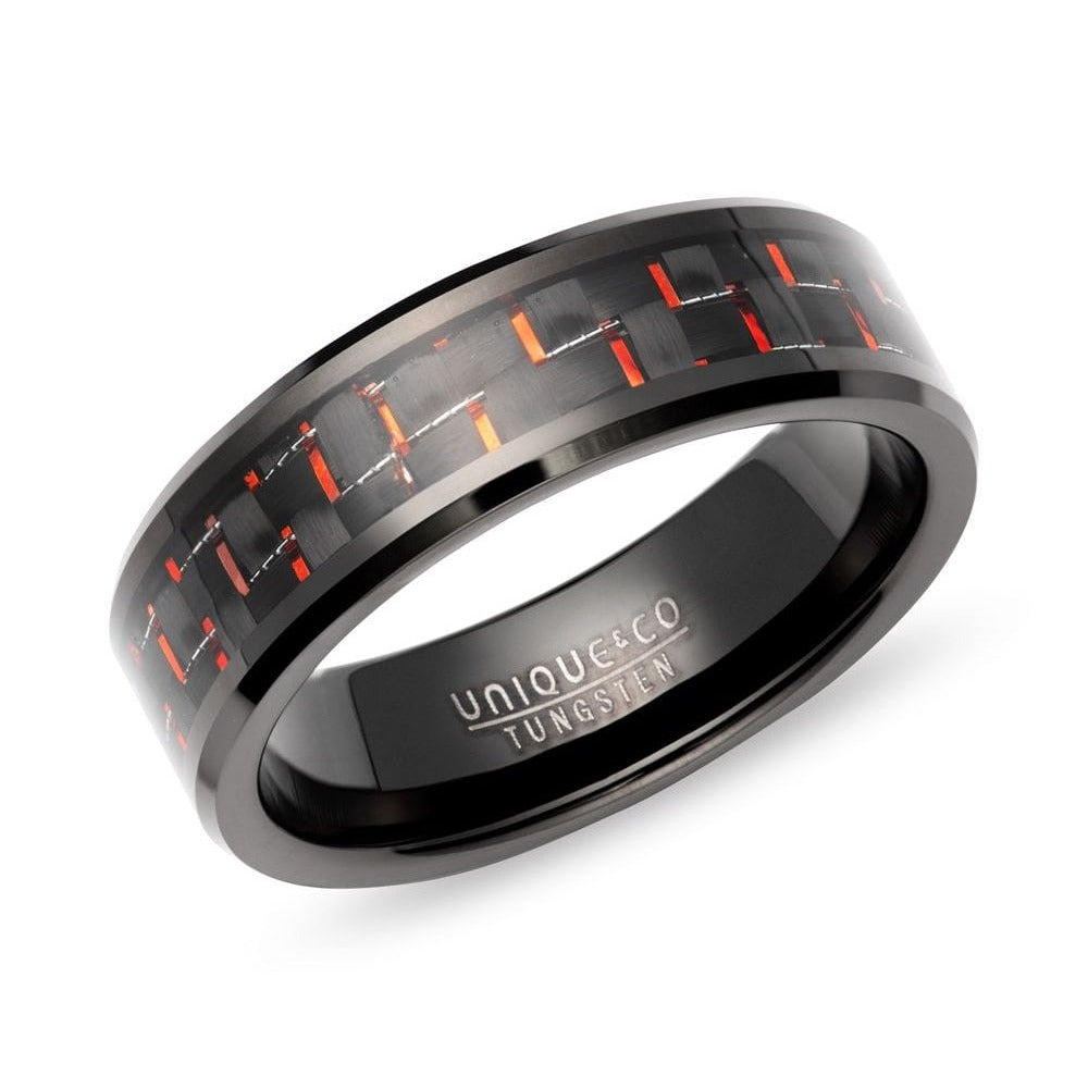 Unique & Co Tungsten 7mm Black Ring With Red Carbon Fibre