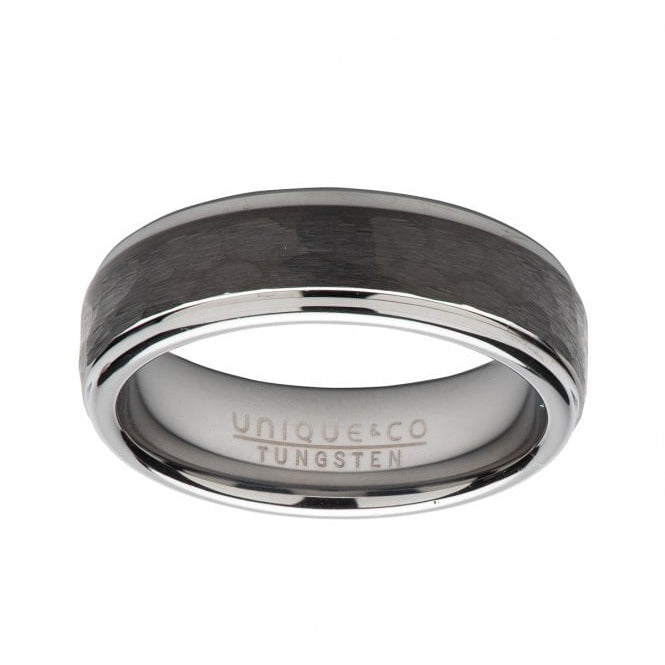 Unique & Co Tungsten 7mm Hammered Black & Silver Finish Ring