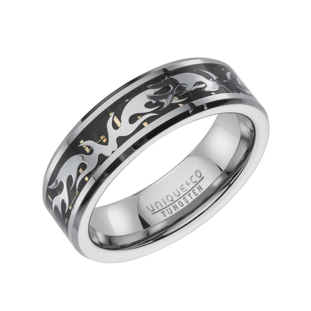 Unique & Co 7mm Tungsten with Black Carbon Fibre Patterned Ring