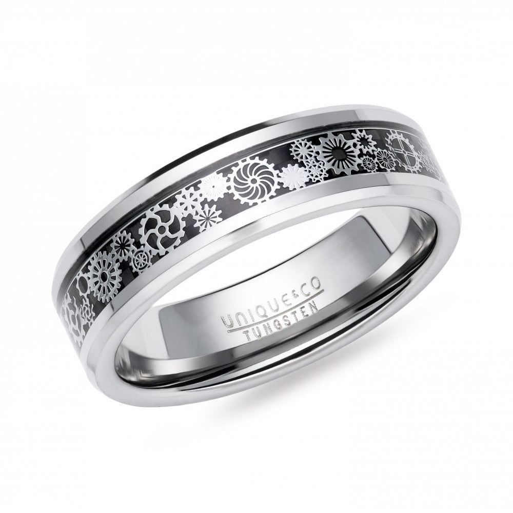 Unique & Co Tungsten 7mm Ring with Black Cogs & Wheels Design