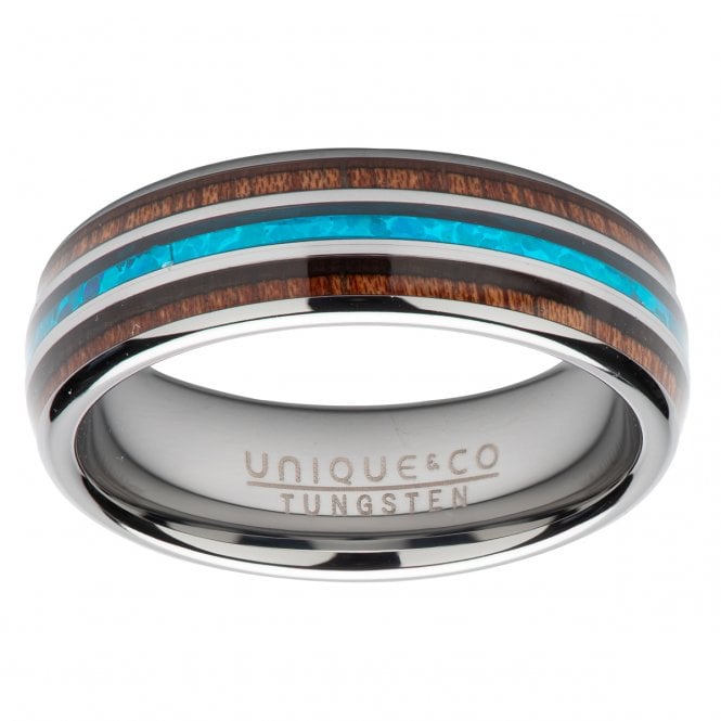 Unique & Co Tungsten Carbide 7mm Ring with Wood & Abalone Shell Inlay