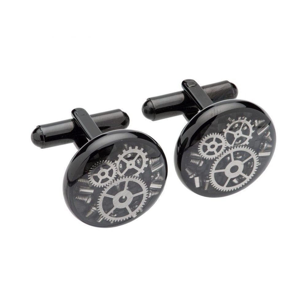 Unique & Co  Black IP Stainless steel Circle Black Carbon Fibre Cufflinks