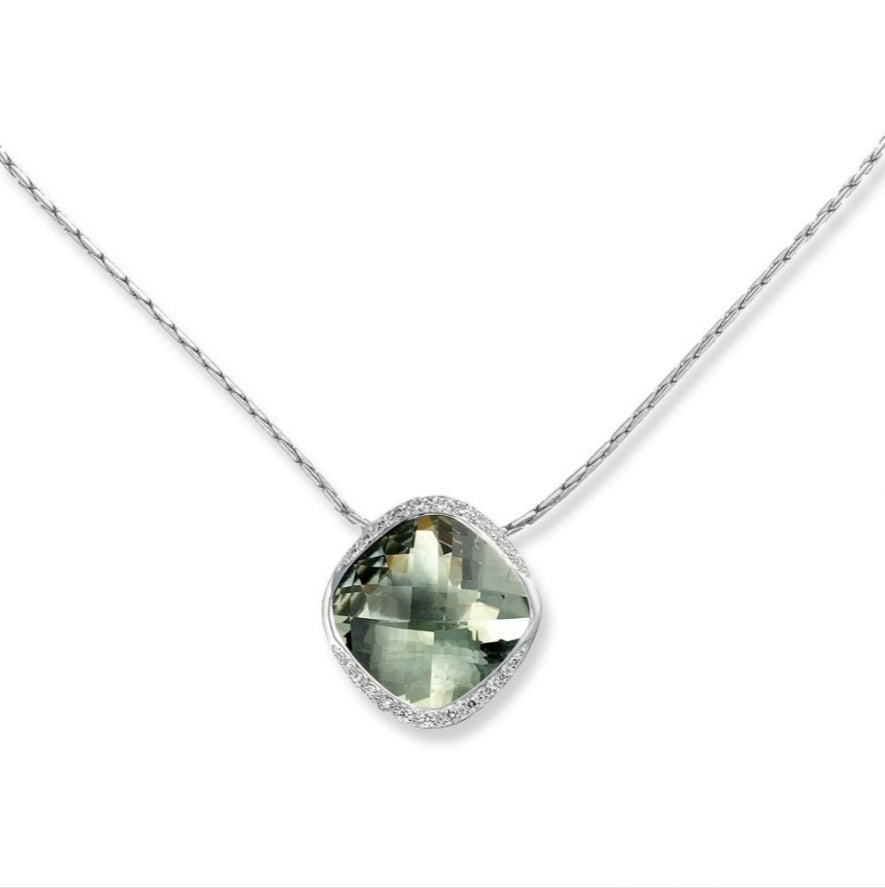 18ct White Gold Green Amethyst and Diamond Pendant