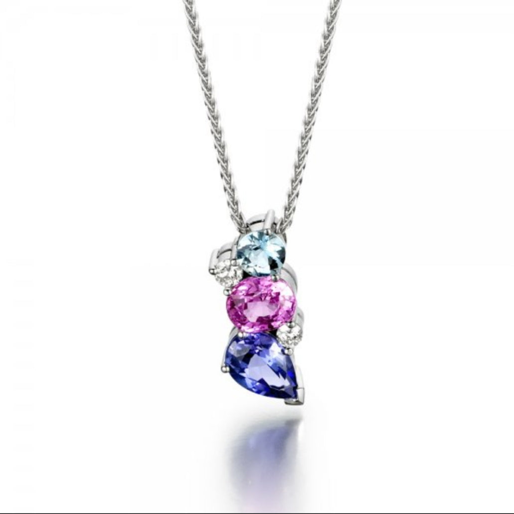Aquamarine, Pink Sapphire and Tanzanite 18ct White  Gold Pendant