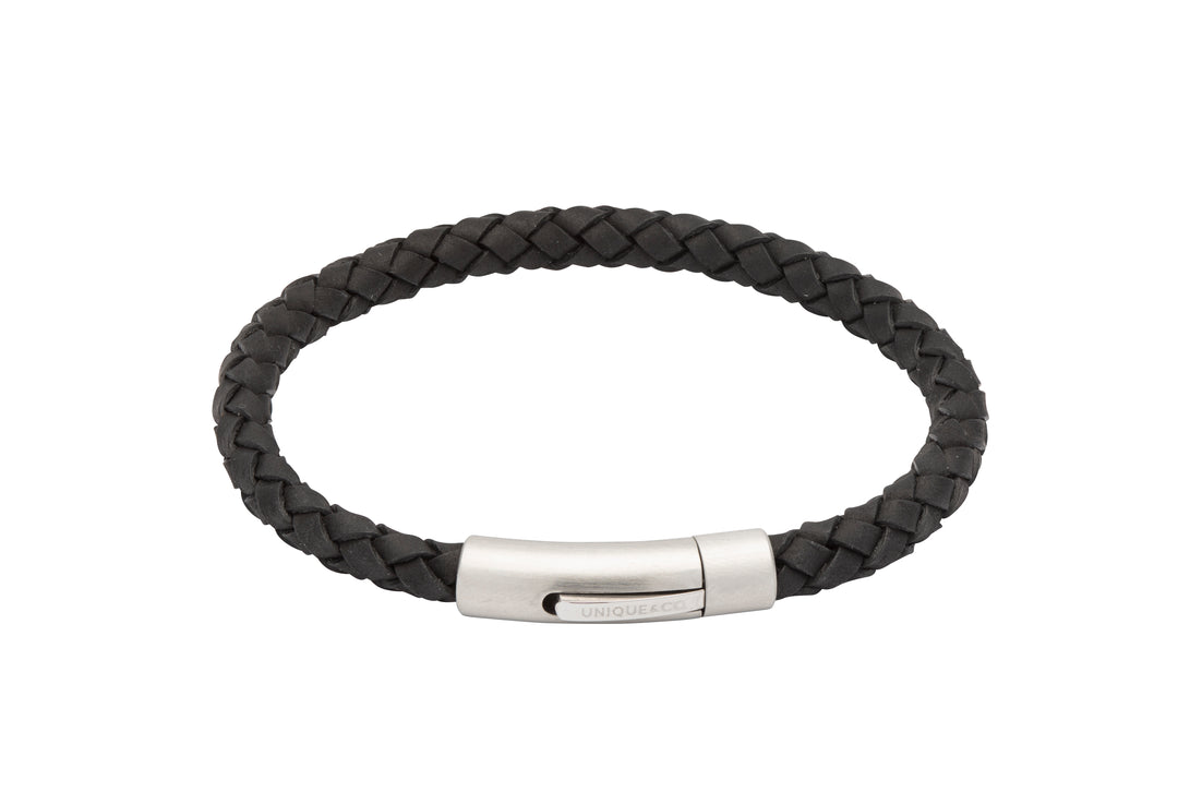 Black Leather Bracelet with Matte and Polished Steel Clasp