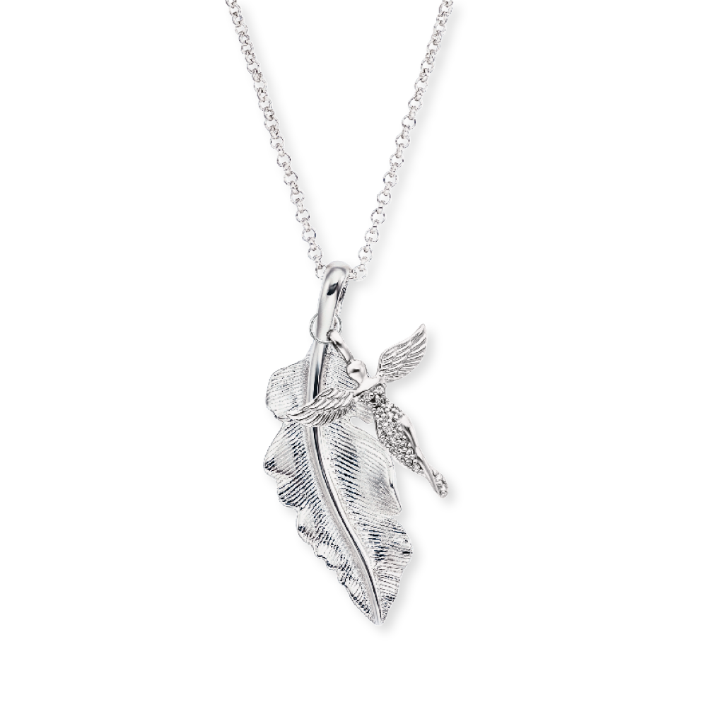 Guardian Angel Silver Feather and Angel Pendant and Chain