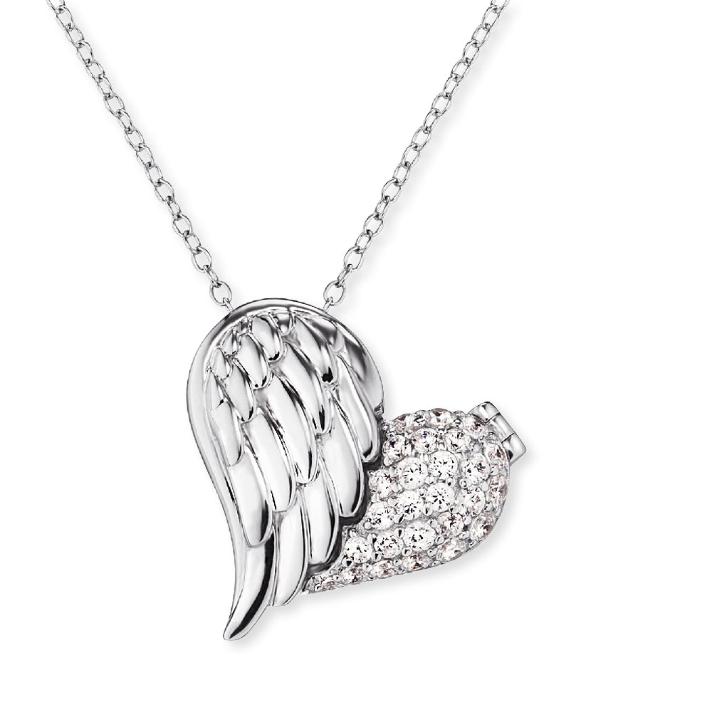 Heart Wing Silver CZ Engraveable Pendant and Chain