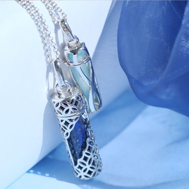 Powerful Stone Blue Agate Silver Pendant and Chain
