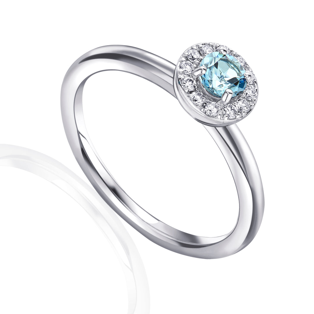 MARCH - 9ct White Gold Aquamarine and Diamond Cluster Ring