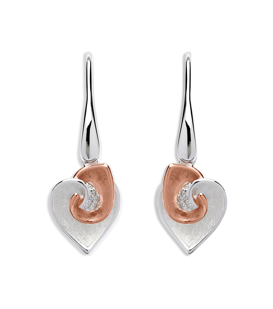Sterling Silver and Rose Gold Plate Heart Design Drop Earrings