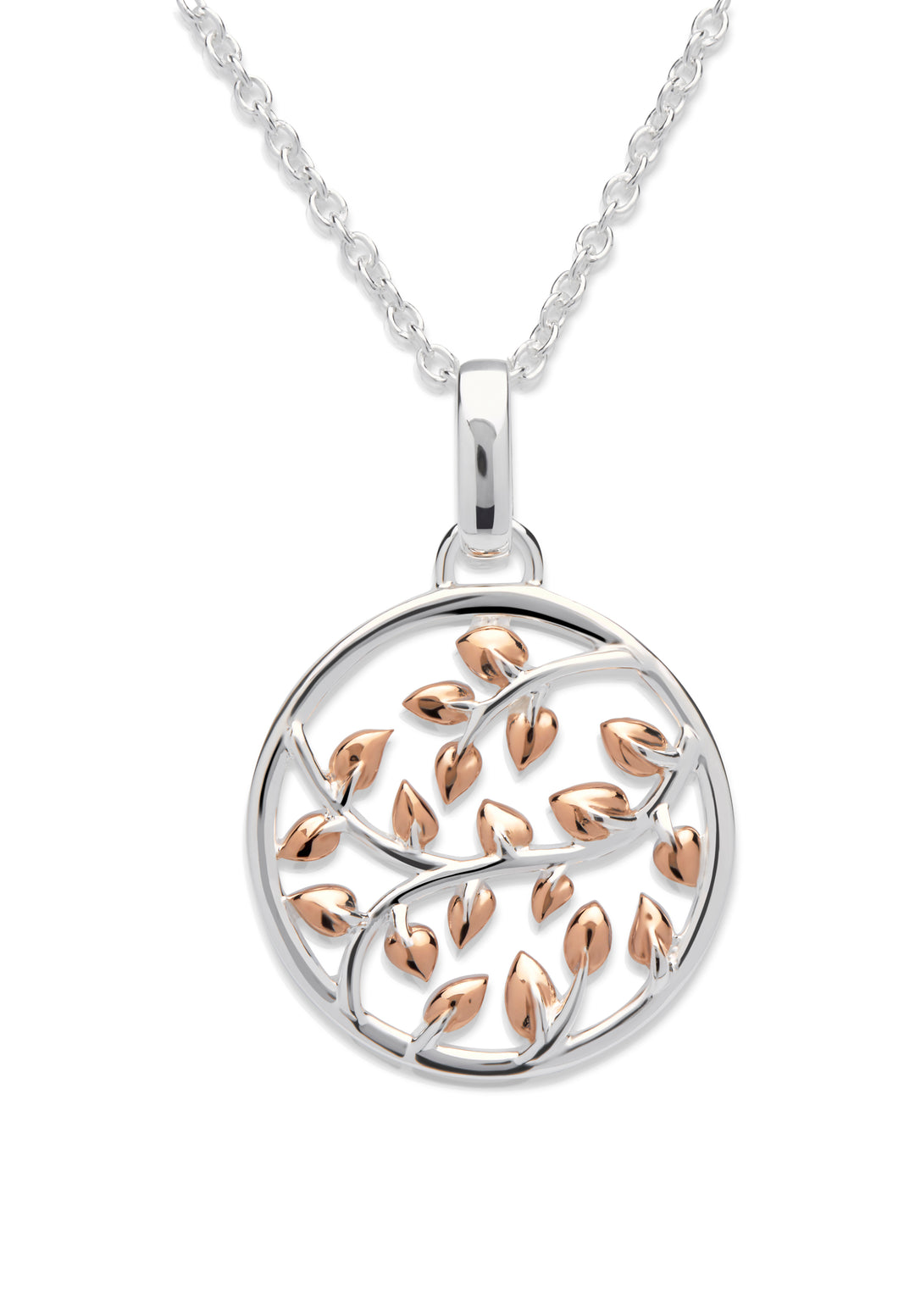 Sterling Silver and Rose Gold Plated Leaf Circle Pendant and Chain