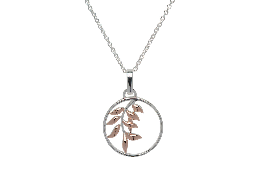 Sterling Silver and Rose Gold Plate Leaf Round Pendant and Chain