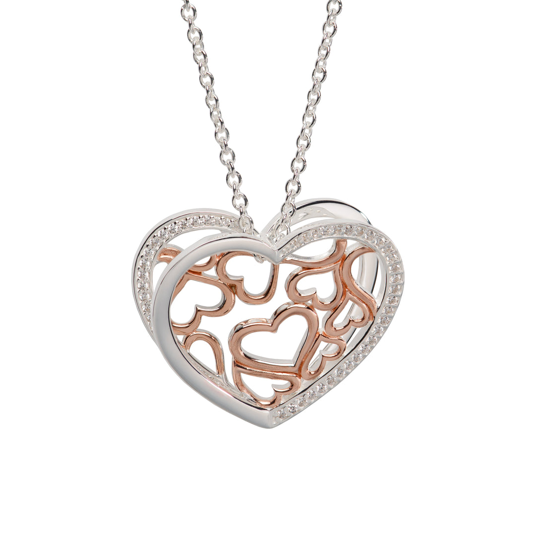 Sterling Silver and Rose Gold Plate CZ Double Heart Pendant and Chain