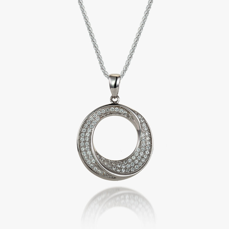 Sterling Silver White CZ Circle Pendant and Chain