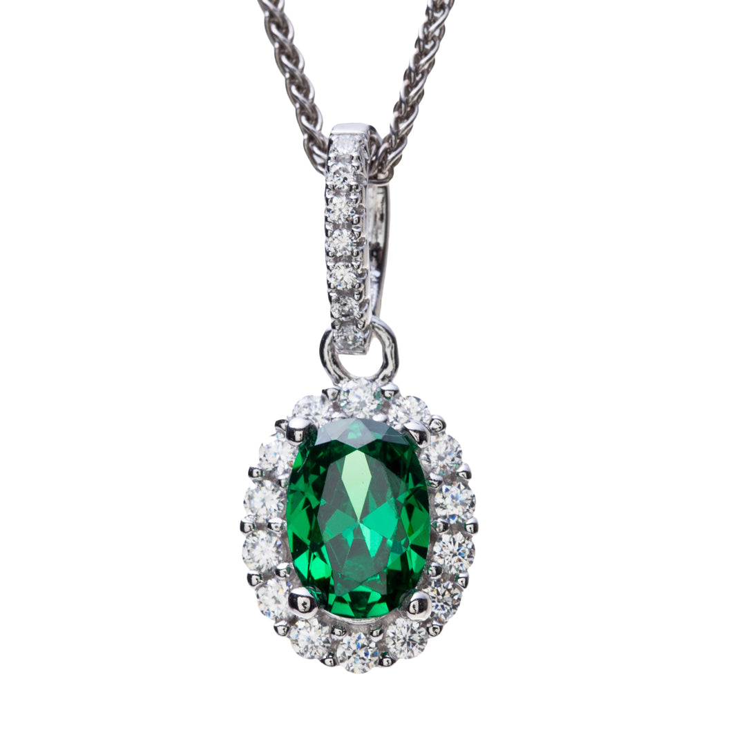 Sterling Silver Green and White CZ Cluster Pendant and Chain