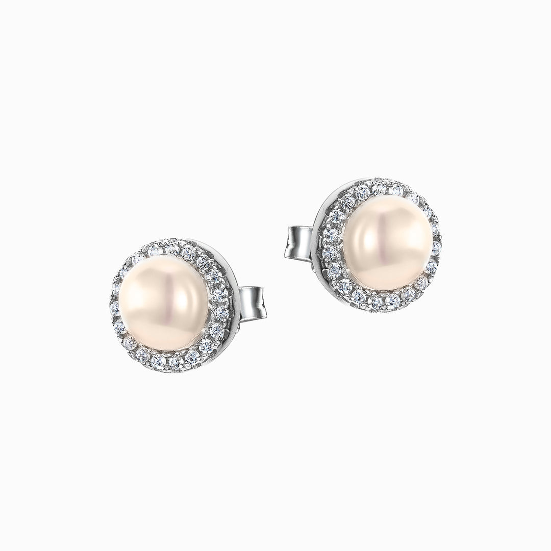Sterling Silver Pearl and CZ Stud Earrings