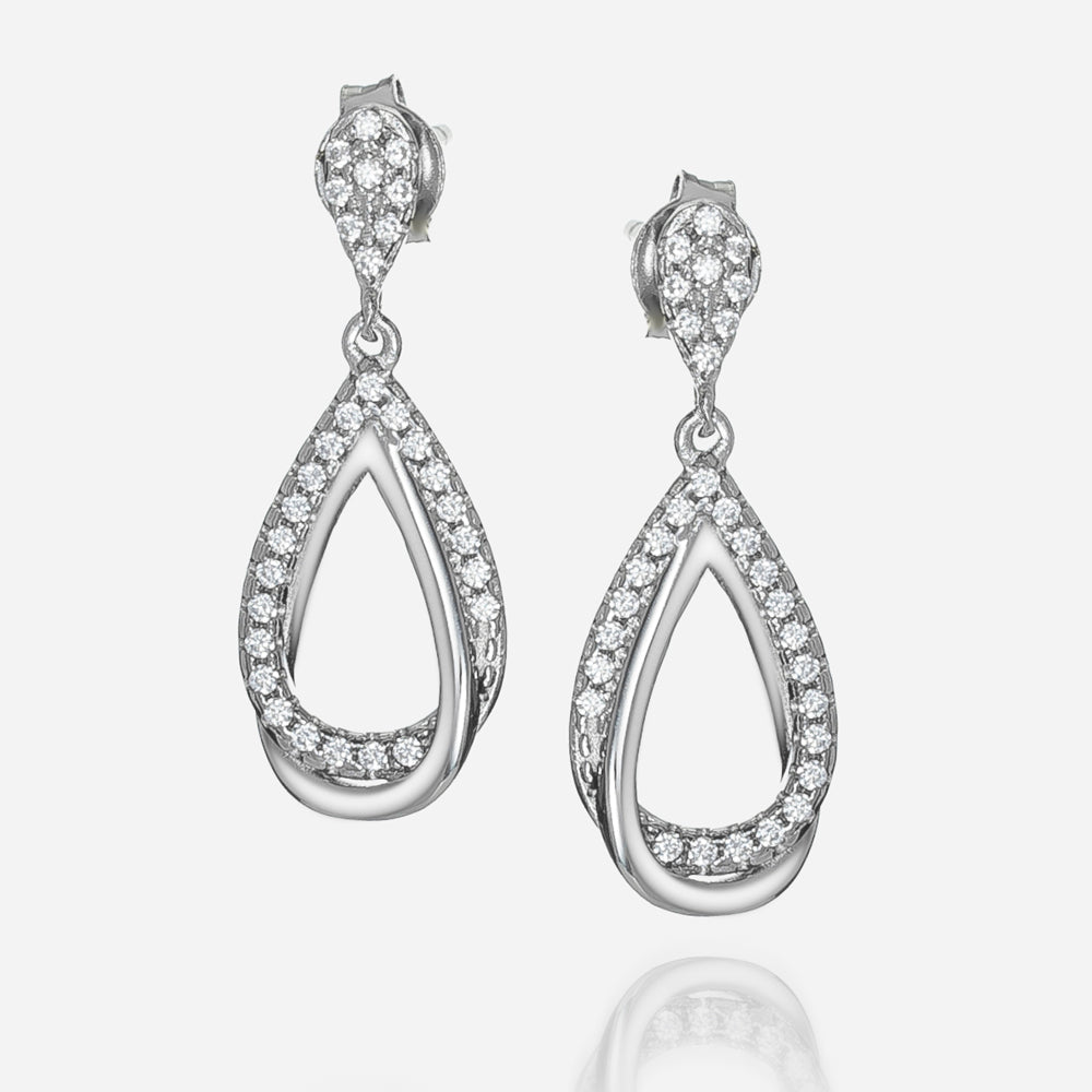 Sterling Silver White CZ Double Loop Drop Earrings